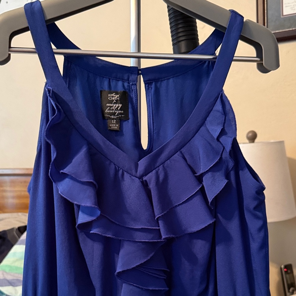 Suzy Chin for maggie boutique .Blue Ruffled Sleeveless maxi dress size 12.